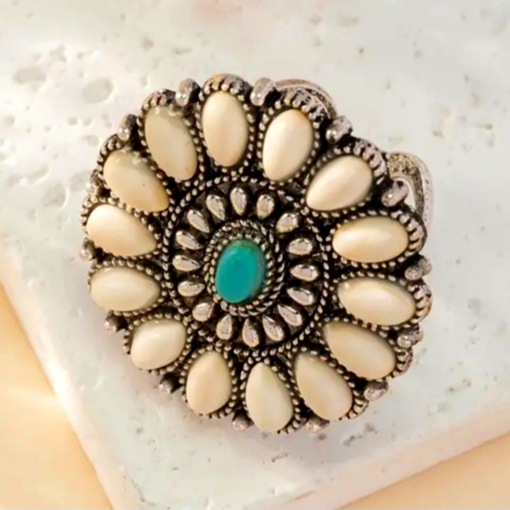 Flower Squash Blossom Ring Adjustable Turquoise